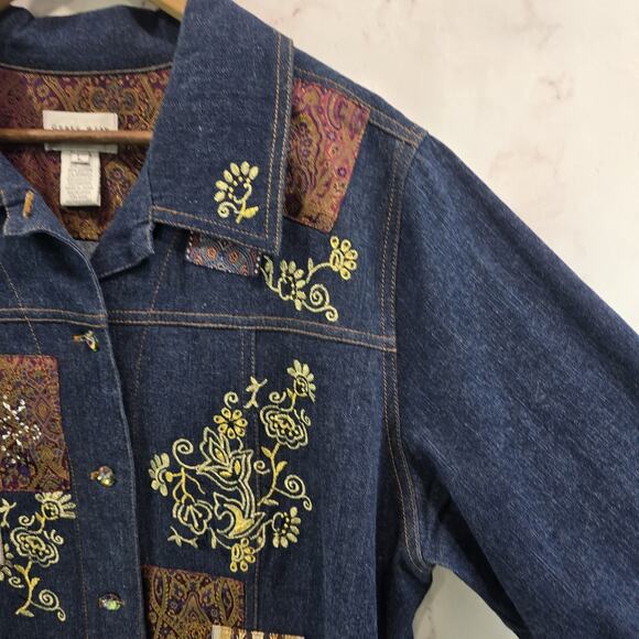 Vintage Denim Jacket Womens Large Jean Button Patchwork Paisley Red Gold - Picture 11 of 12